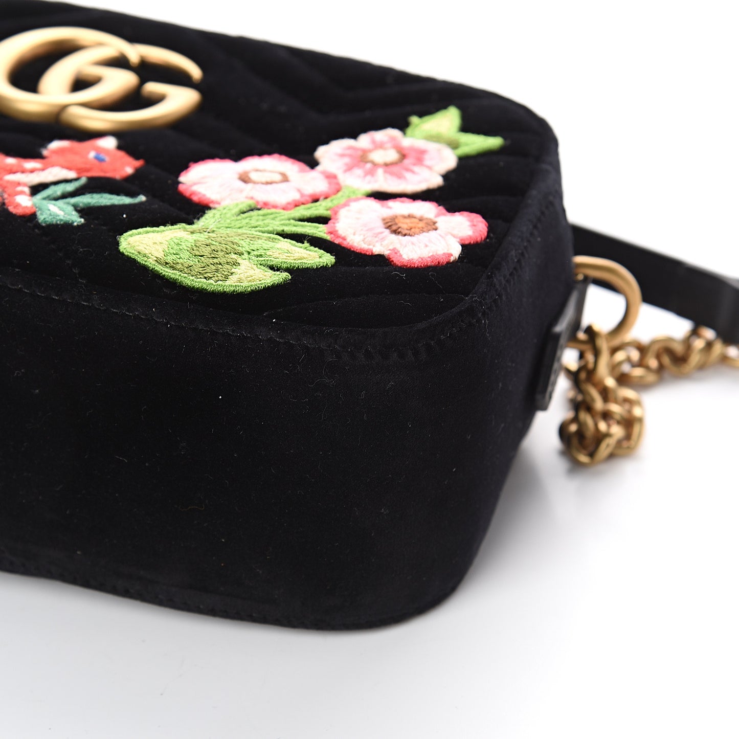 Velvet Matelasse Deer Embroidered Small GG Marmont Chain Shoulder Bag Black