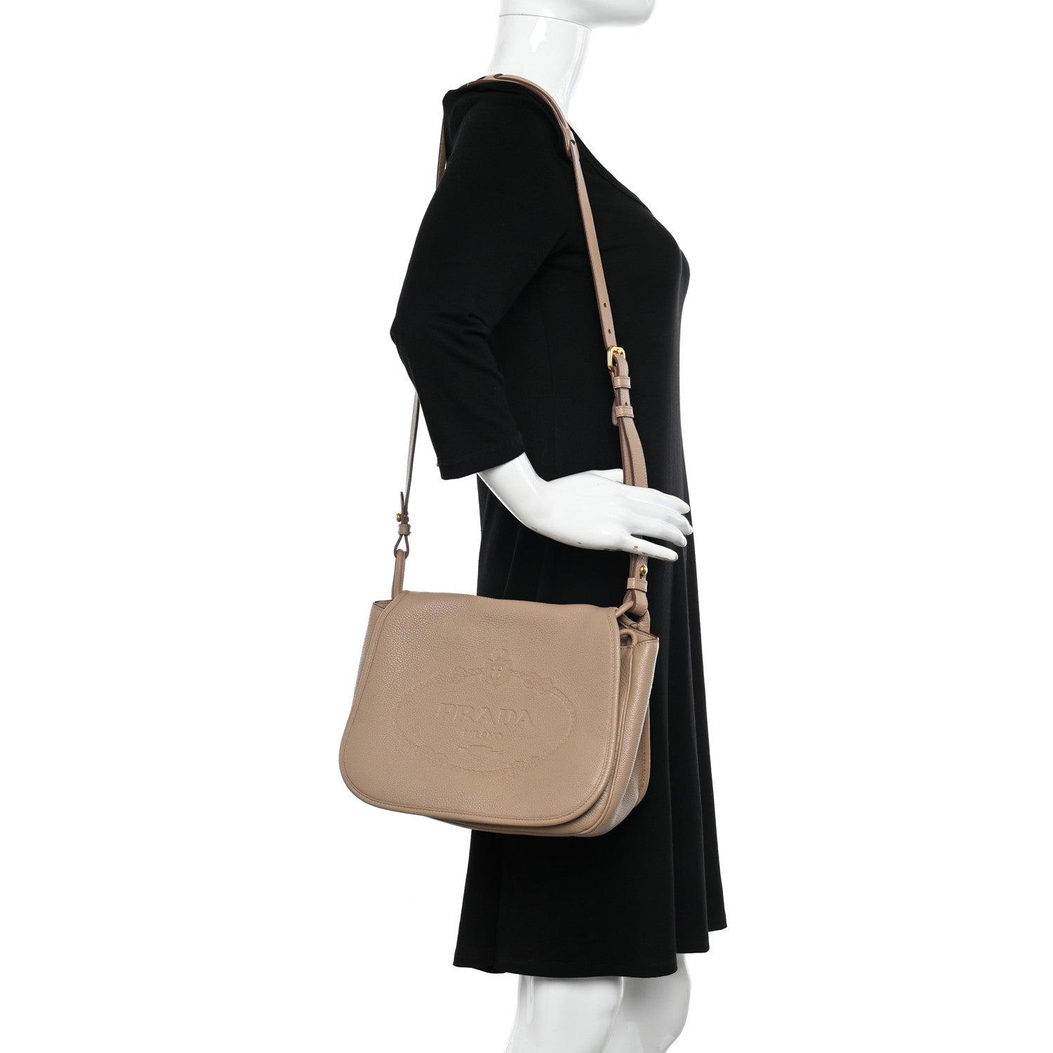 Prada Vitello Daino Embossed Logo Flap Shoulder Bag Cammeo 2 of 10