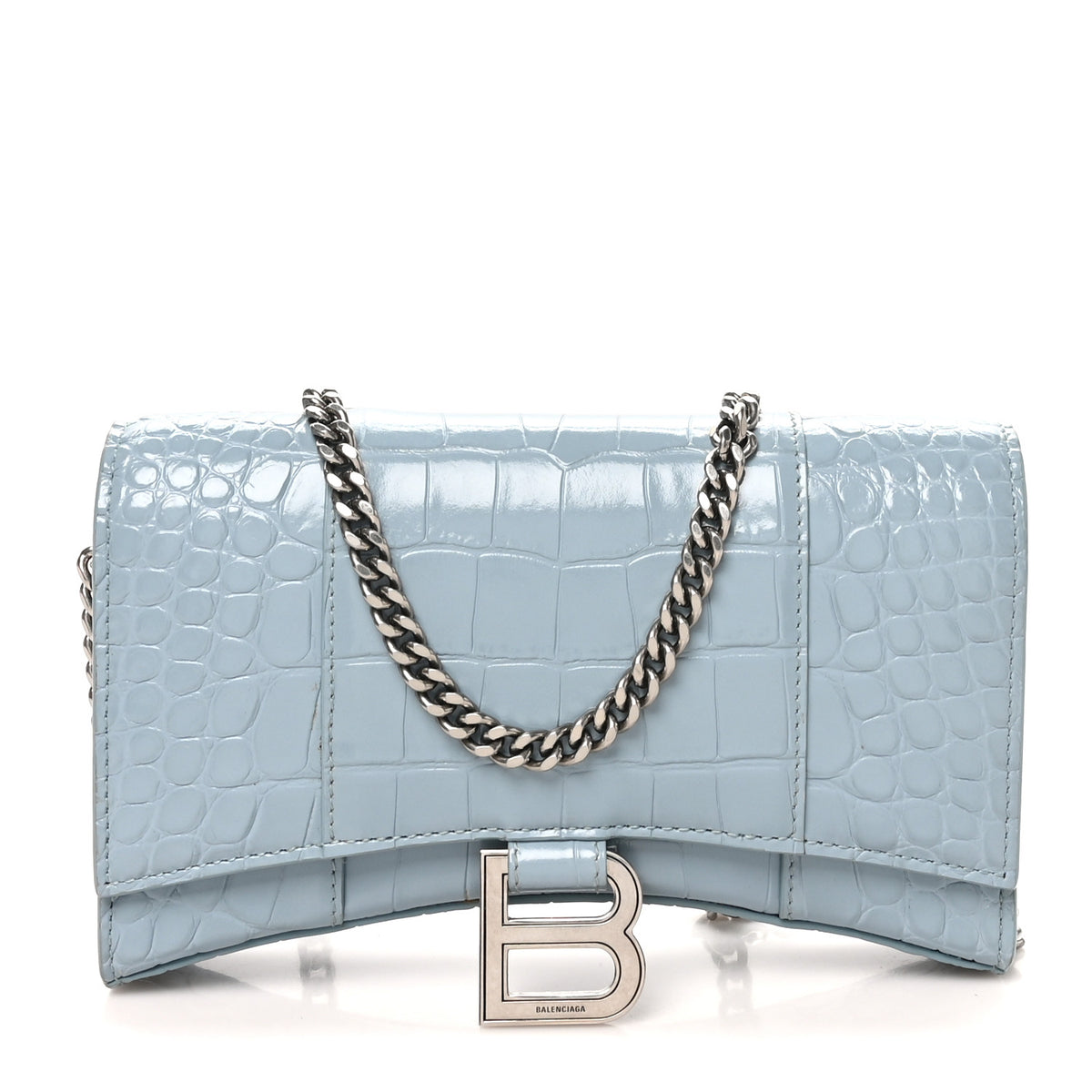Shiny Calfskin Crocodile Embossed Hourglass Chain Bag Blue Grey