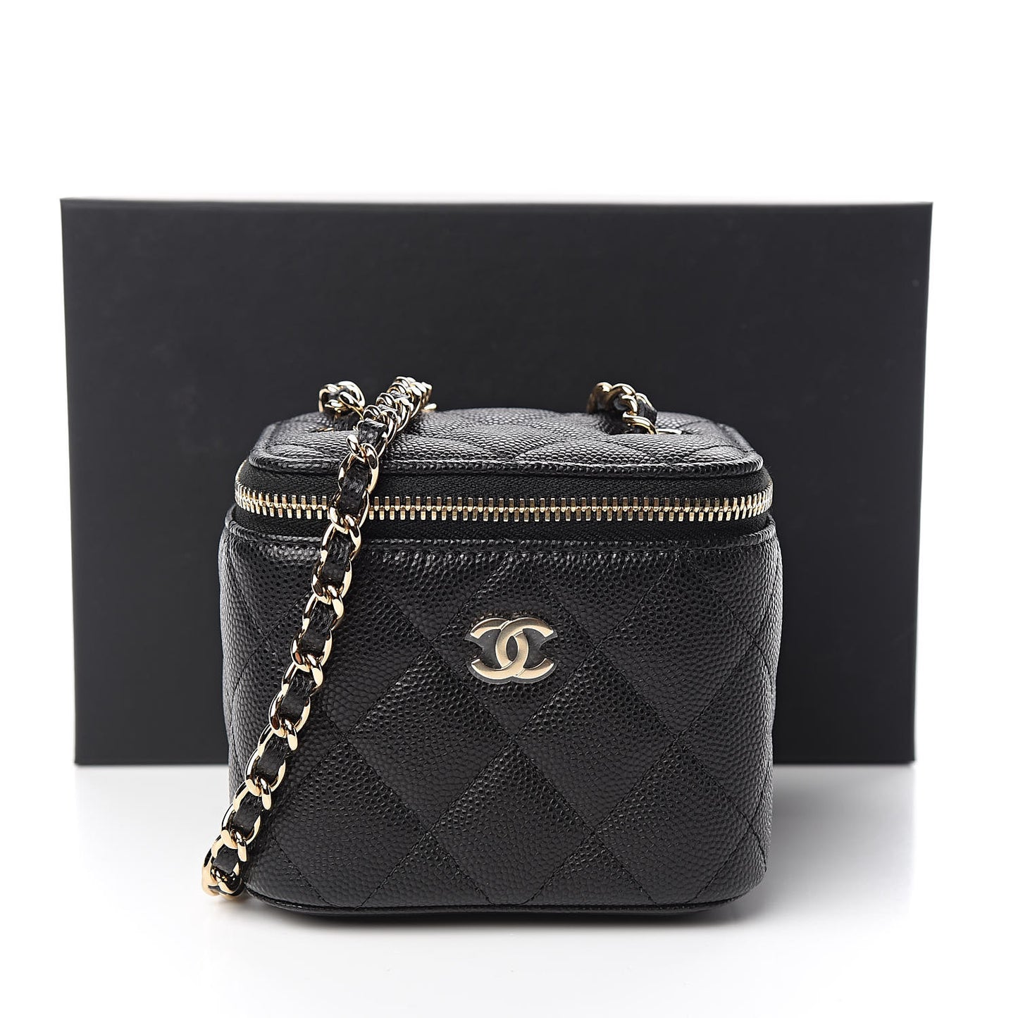 Caviar Quilted Mini Vanity Case With Chain Black