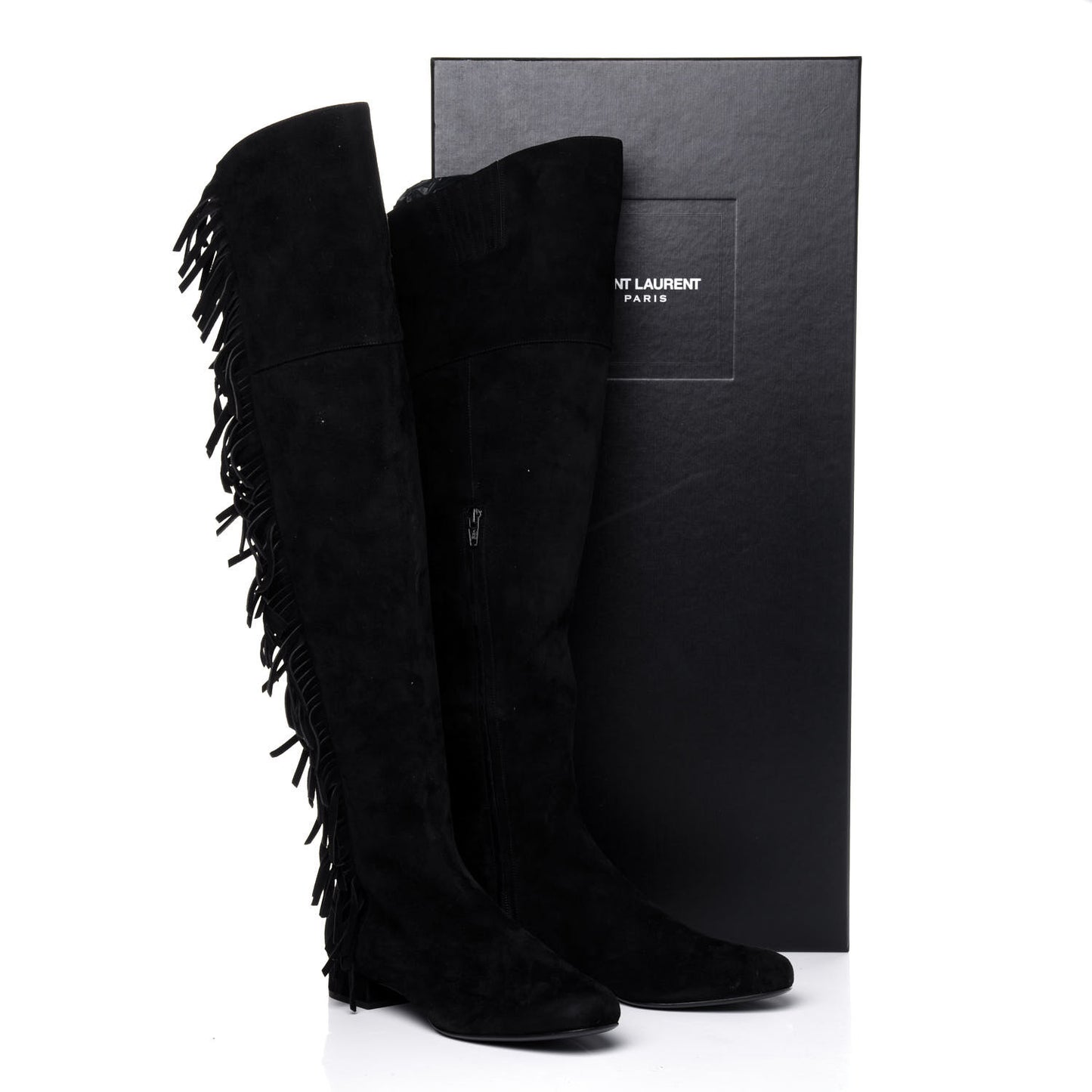 Suede Goatskin BB 20 Over The Knee Fringed Boots 38.5 Black