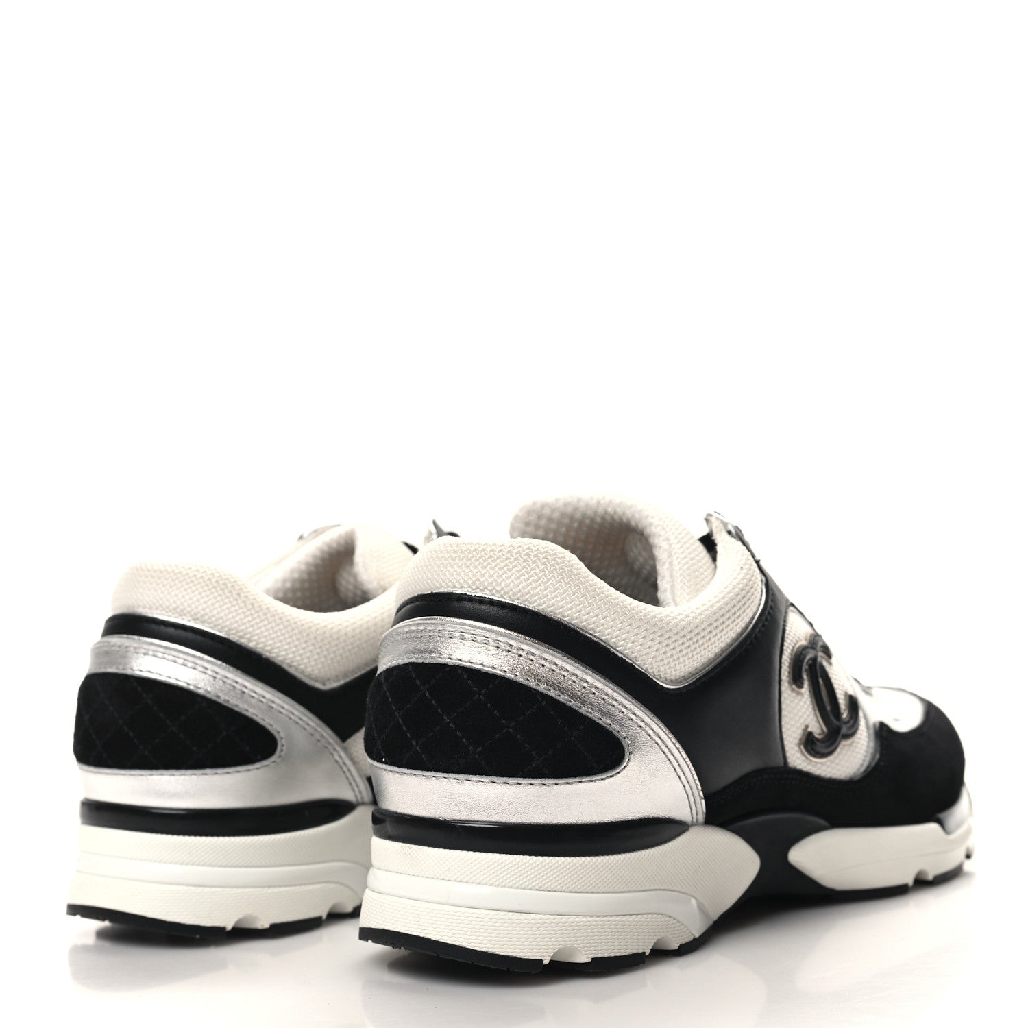 Chanel Mesh Suede Calfskin Grained Calfskin Womens CC Sneakers 38.5 Black White Silver 4 of 8