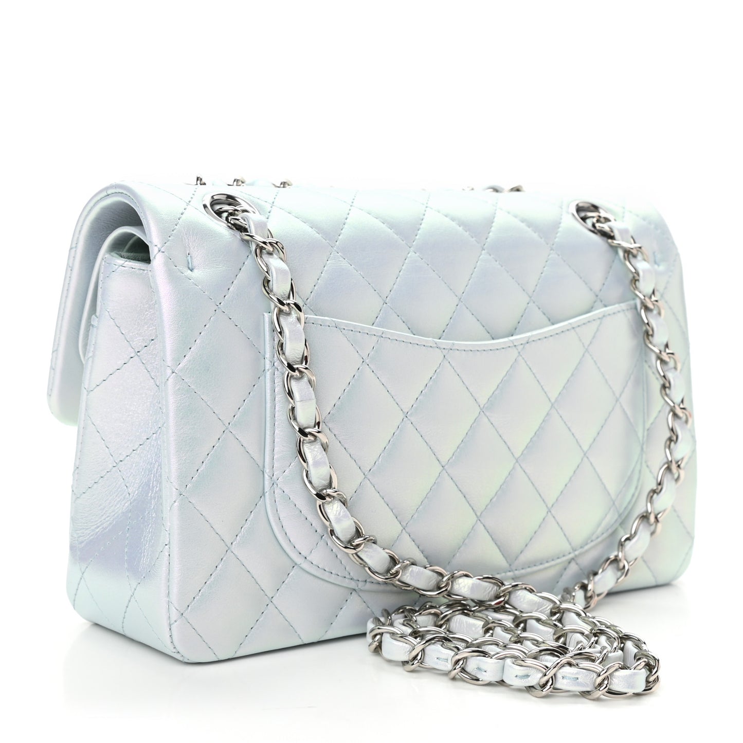 Iridescent Calfskin Quilted Small Double Flap Blue