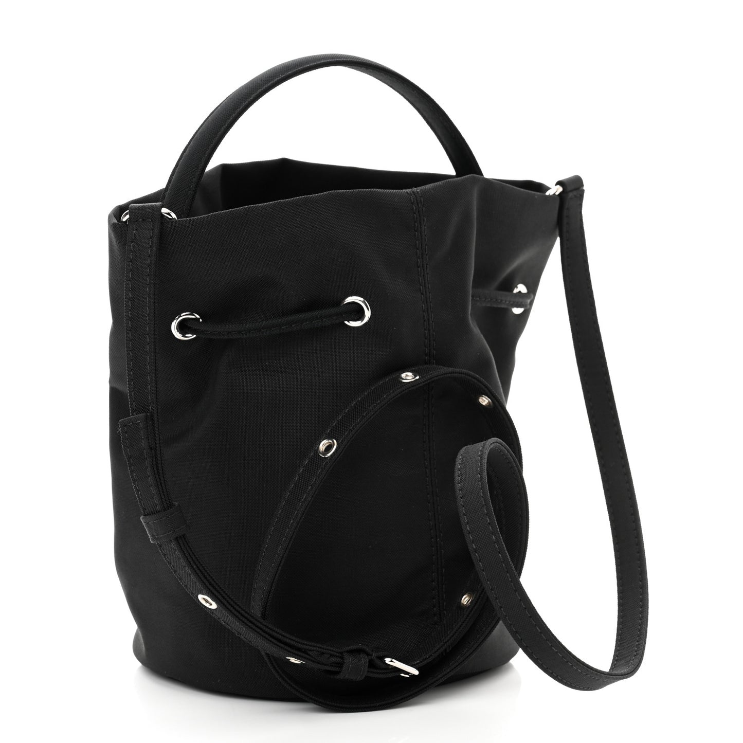 Recycled Sport Nylon Logo Embroidered Wheel Drawstring Bucket Bag Black White