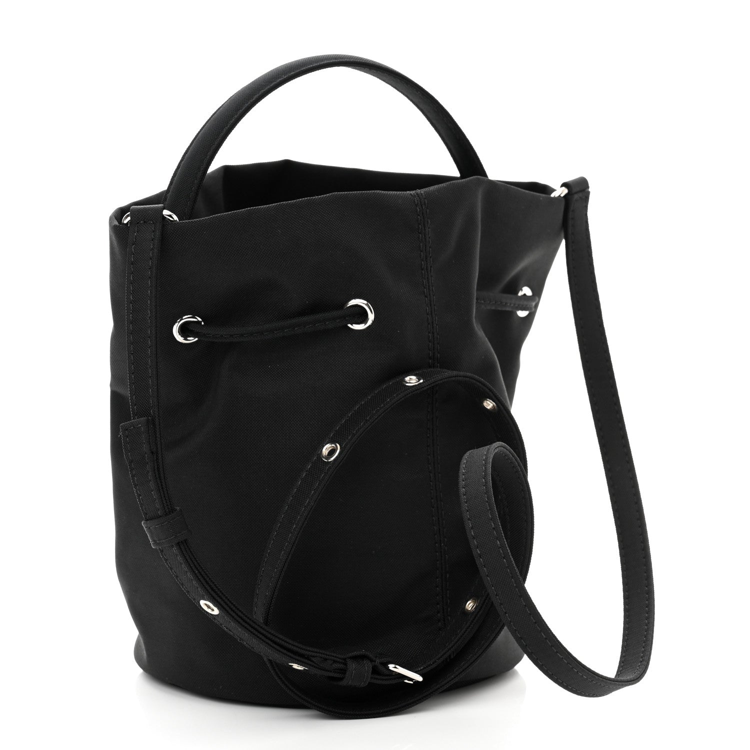 Balenciaga Recycled Sport Nylon Logo Embroidered Wheel Drawstring Bucket Bag Black White 3 of 9