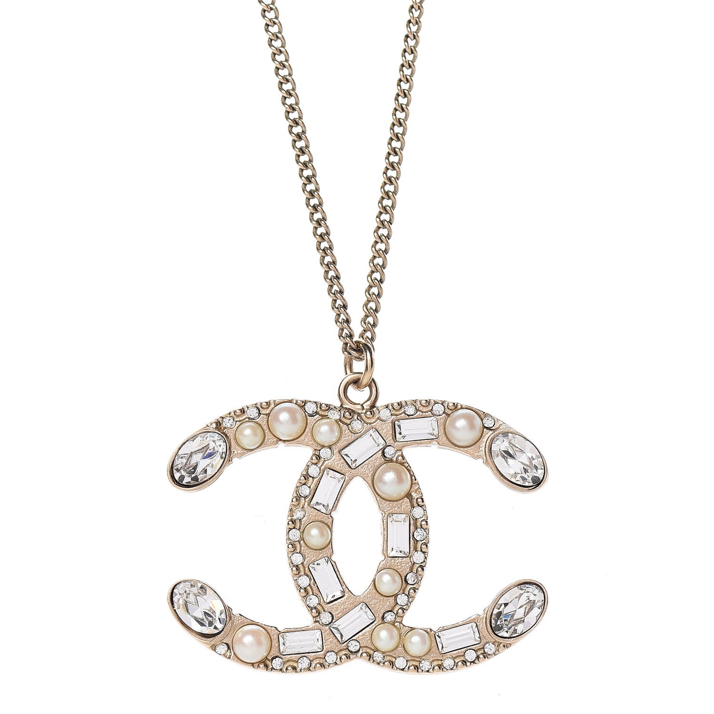 Pearl Crystal Baguette CC Pendant Necklace Gold