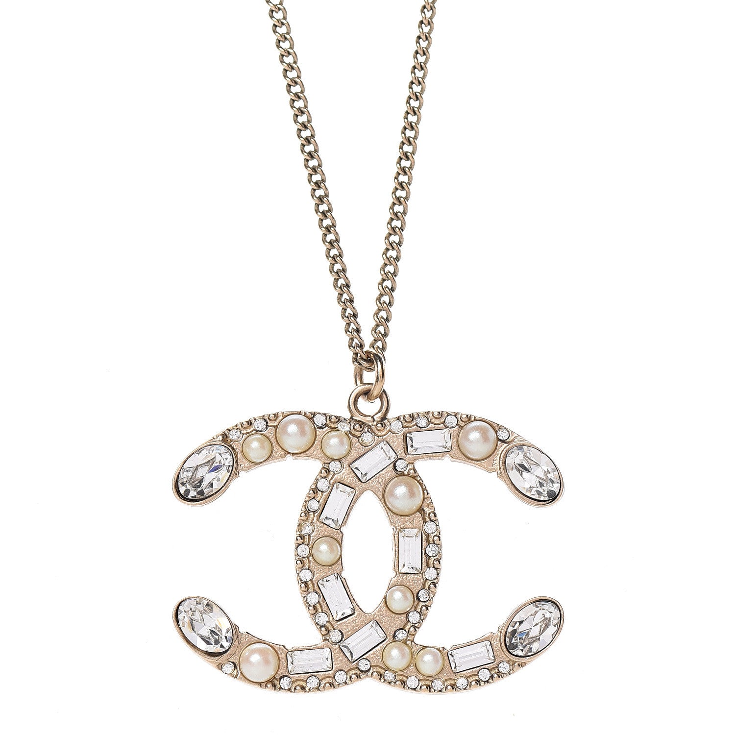 Chanel Pearl Crystal Baguette CC Pendant Necklace Gold 5 of 5