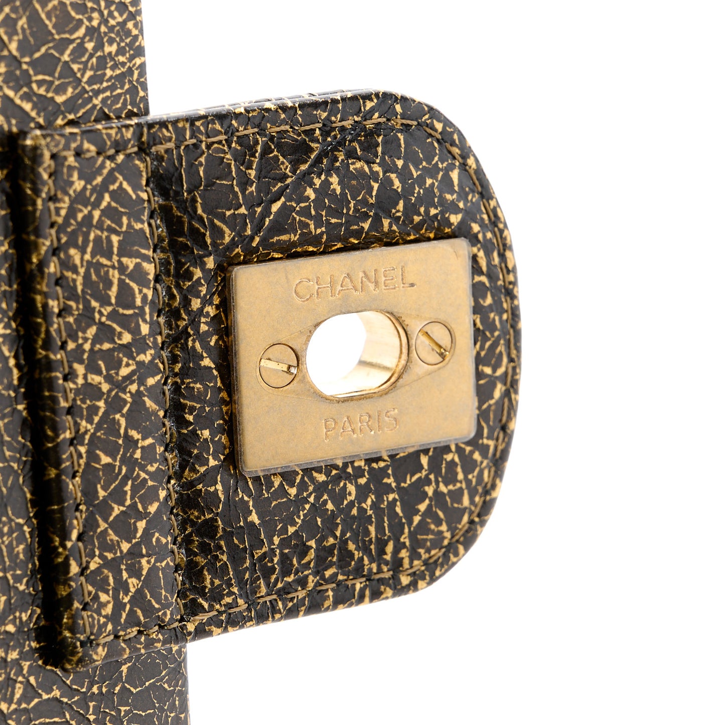 Cracked Metallic Calfskin Quilted Zip Away Chain Clutch Gold