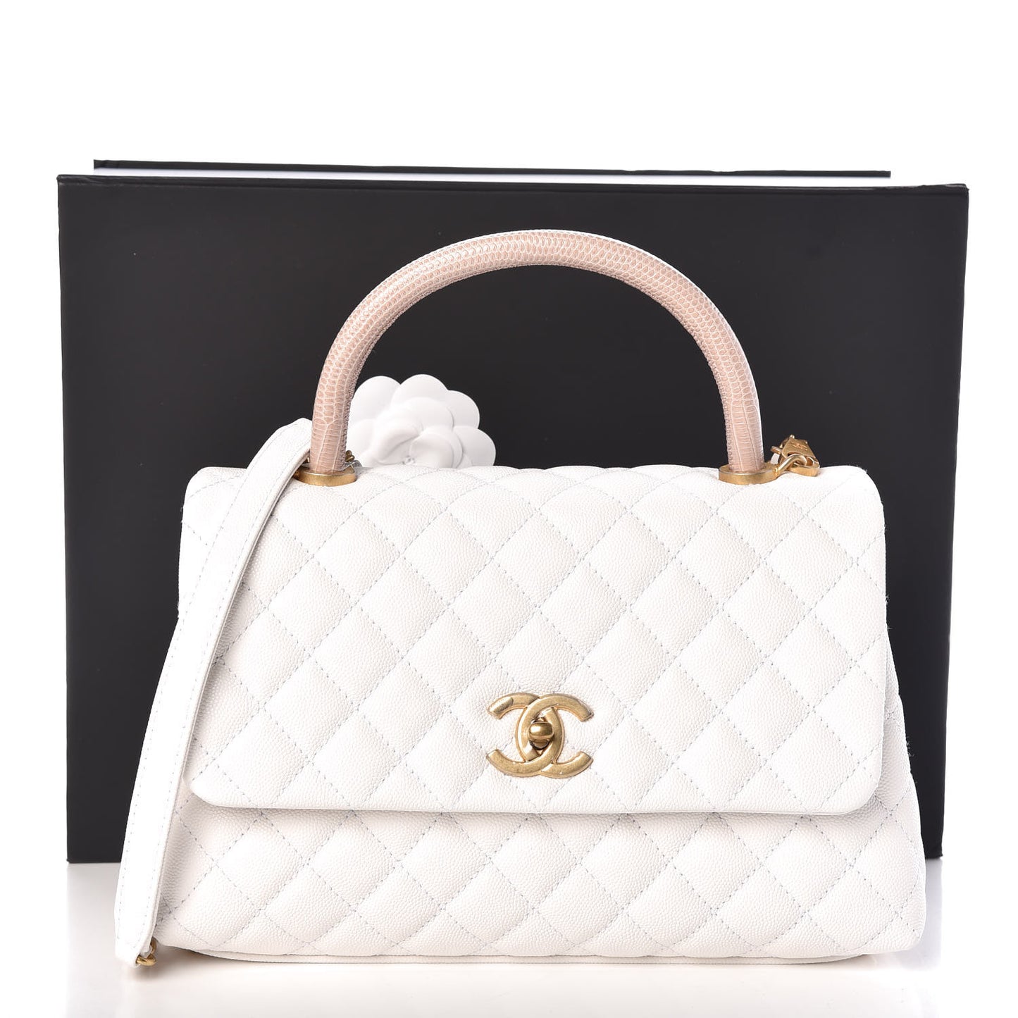 Caviar Lizard Quilted Small Coco Handle Flap White Beige