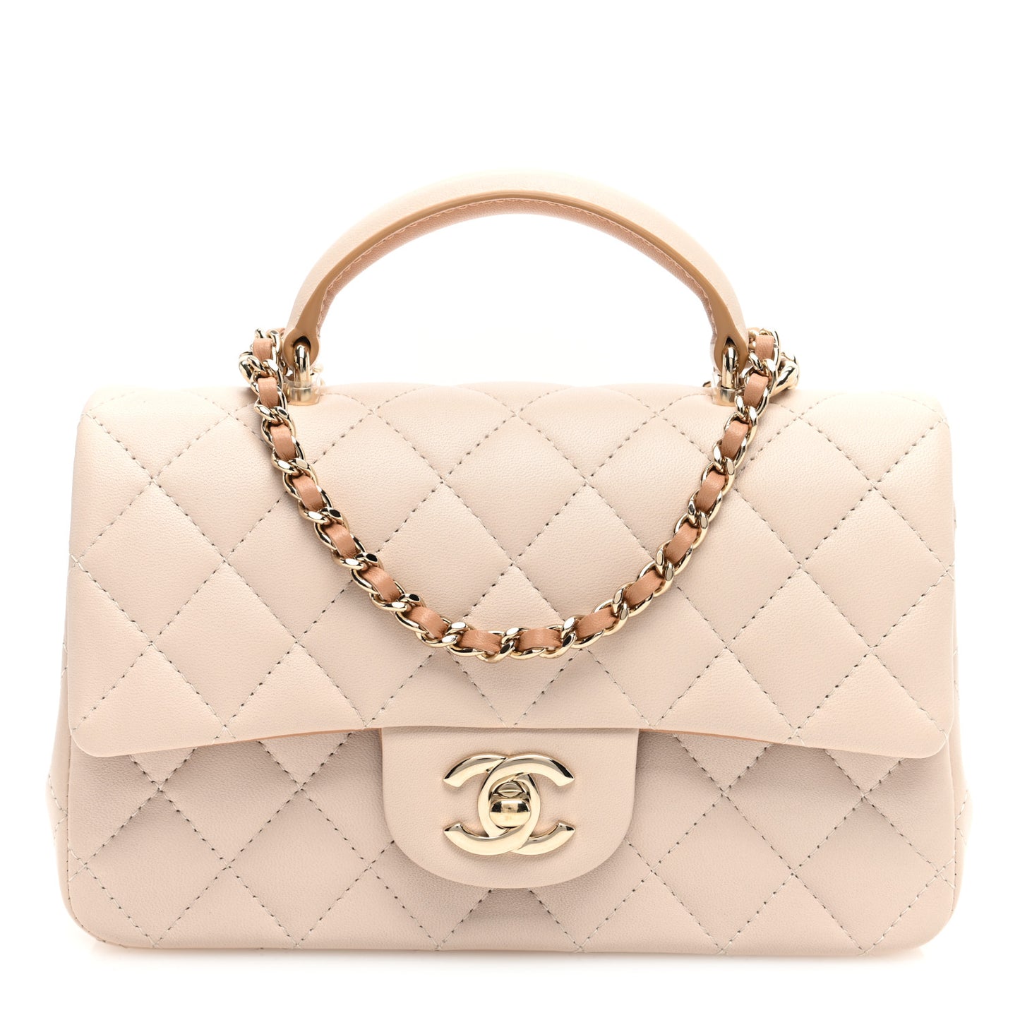 Lambskin Quilted Bi-Color Mini Top Handle Rectangular Flap Ecru Dark Beige