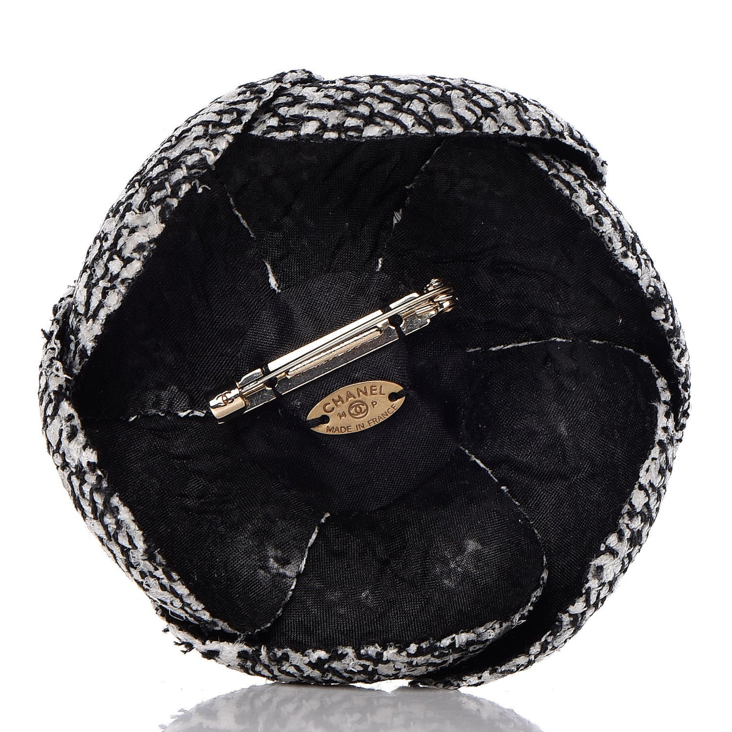 Tweed Pearl Camellia Brooch Black White Grey
