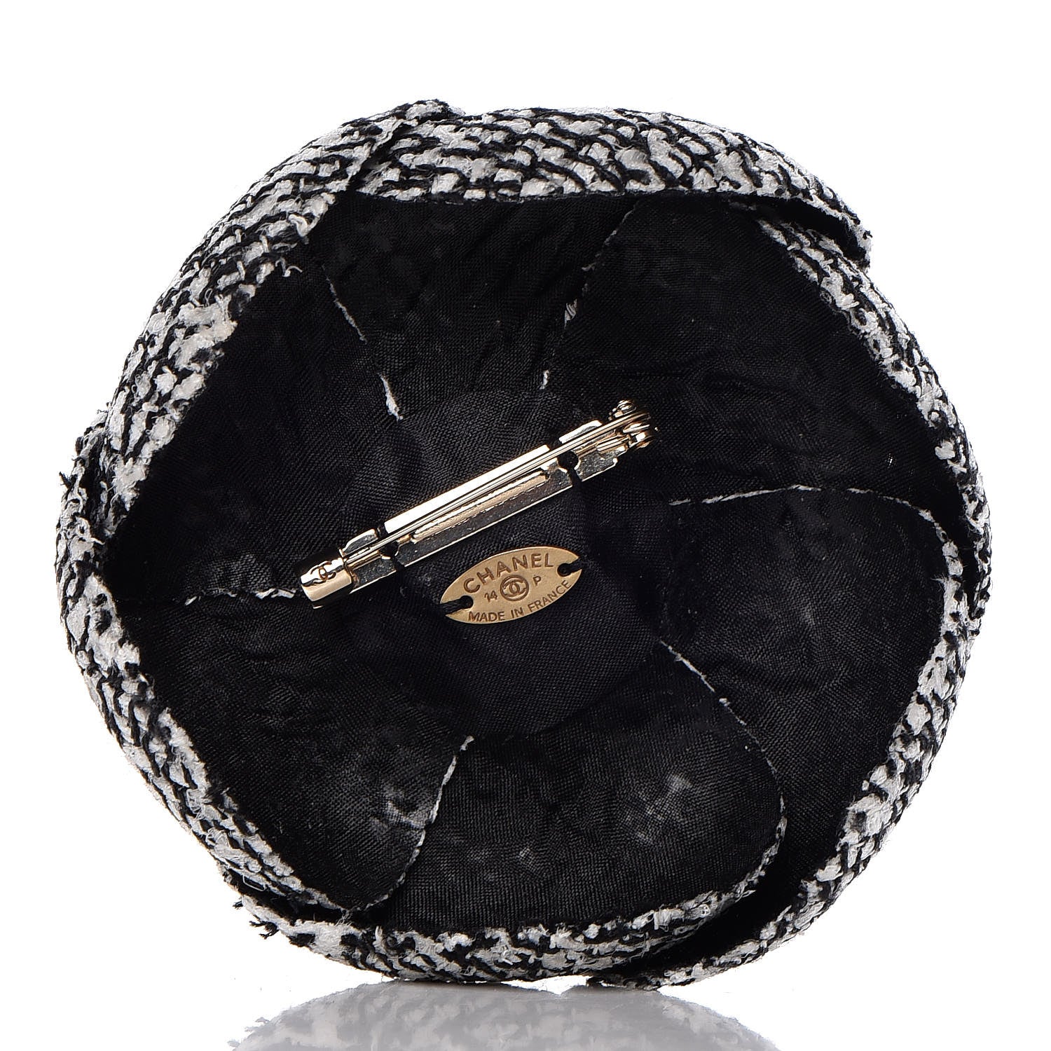 Chanel Tweed Pearl Camellia Brooch Black White Grey 3 of 5