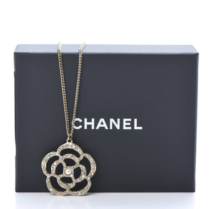 Chanel Pearl Crystal Large Camellia Pendant Necklace Light Gold 5 of 5