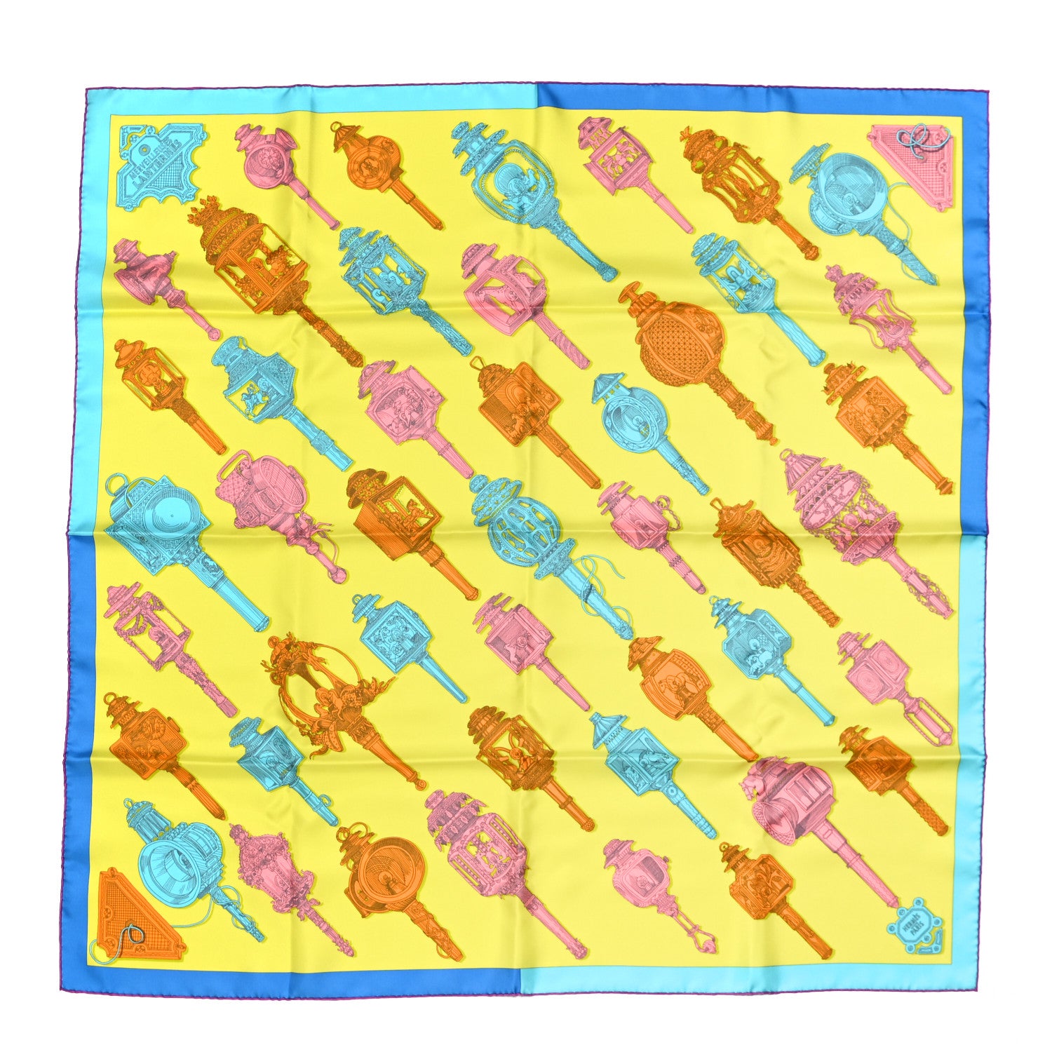 Hermes Silk Merveilleuses Lanternes Scarf 90 Jaune Vif Turquoise Rose 1 of 7