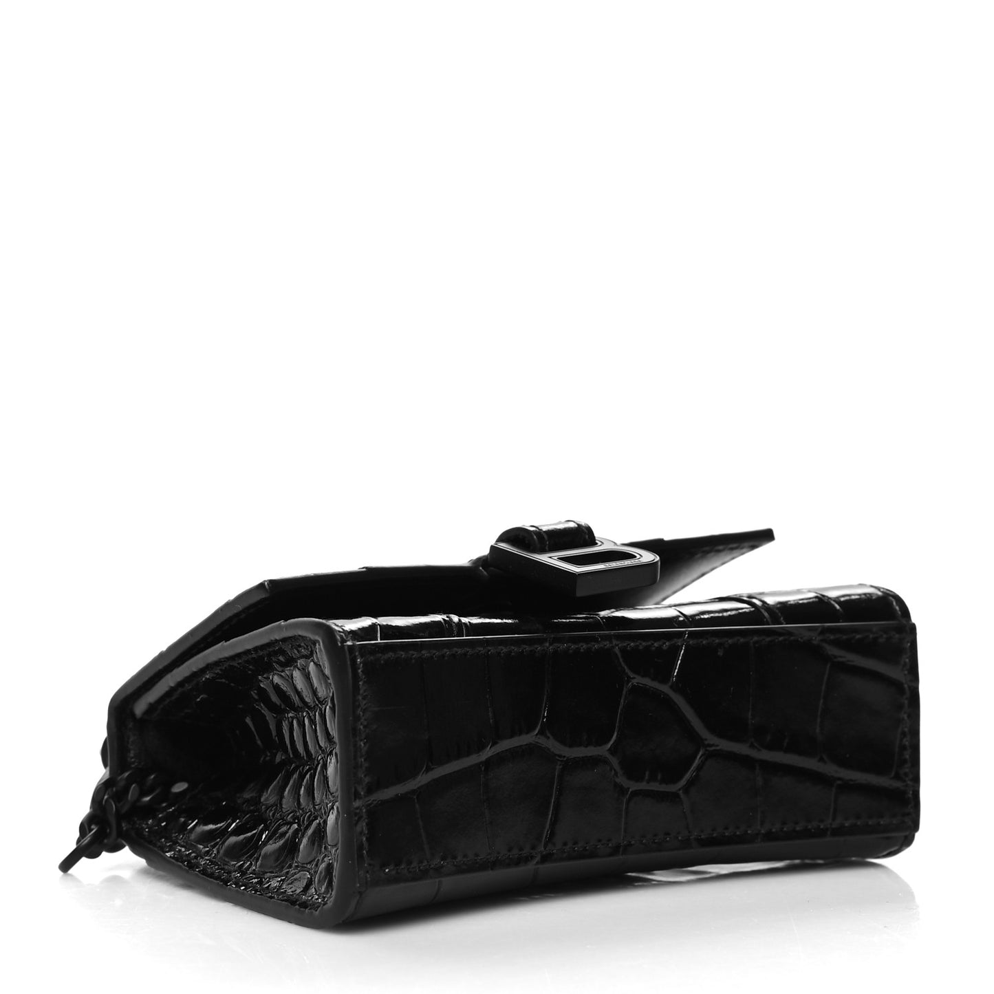 Shiny Calfskin Monochrome Crocodile Embossed Hourglass Top Handle Bag Mini with Chain Black