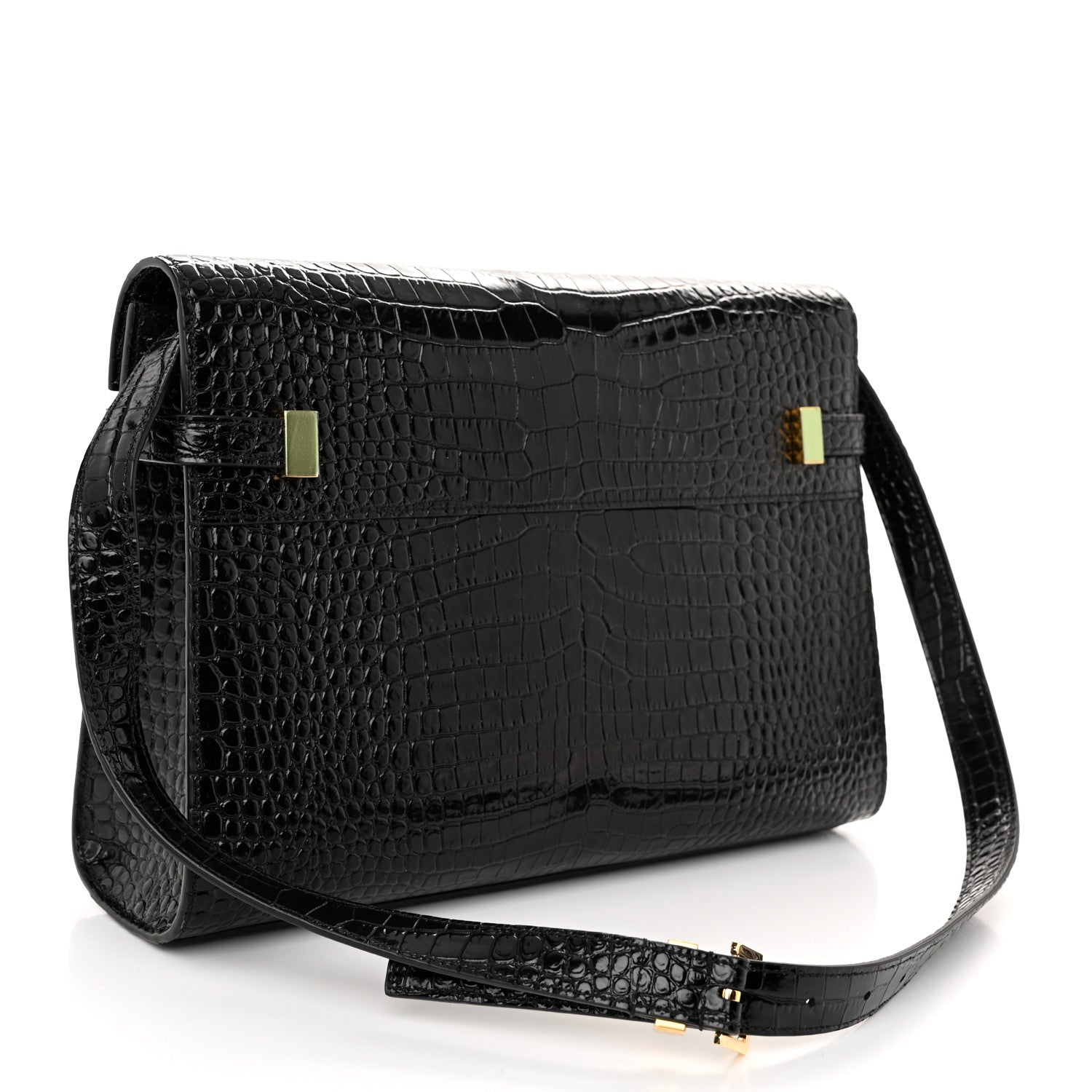 Saint Laurent Shiny Calfskin Crocodile Embossed Manhattan Baguette Black 3 of 9