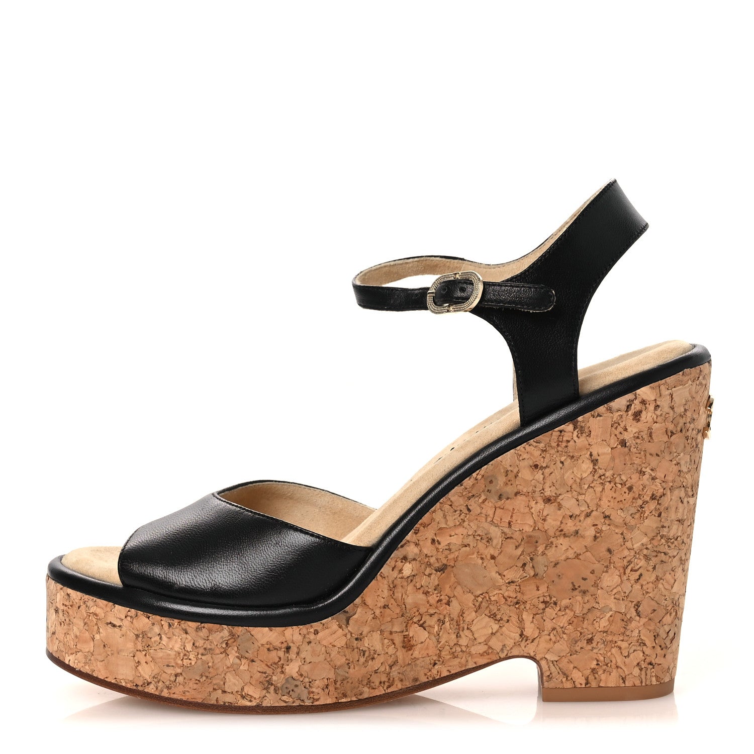 Chanel Shiny Lambskin Cork Wedge Sandals 40 Black 1 of 11