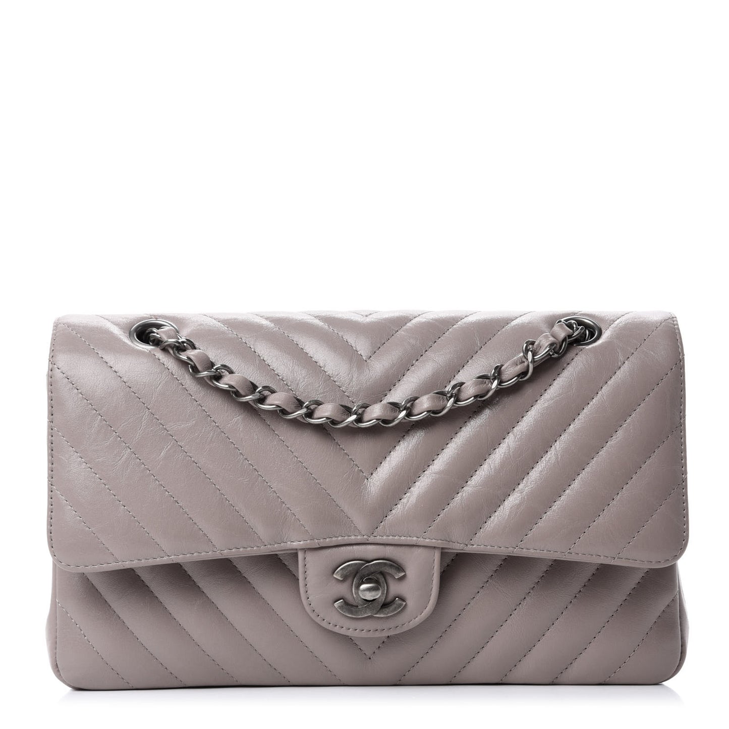 Iridescent Calfskin Chevron Quilted Medium Double Flap Grey