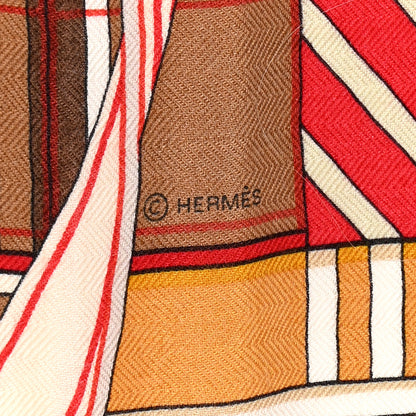Hermes Cashmere Silk Voltes Et Pirouettes Shawl 140 Rouge Creme Beige 4 of 5