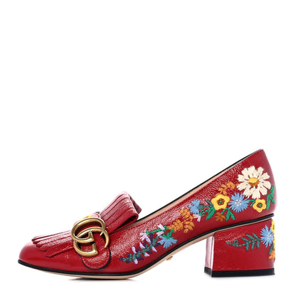 Gucci Skipper Calfskin Floral Embroidered GG Marmont Fringe 50mm Loafer Pumps 35.5 Hibiscus Red 1 of 10