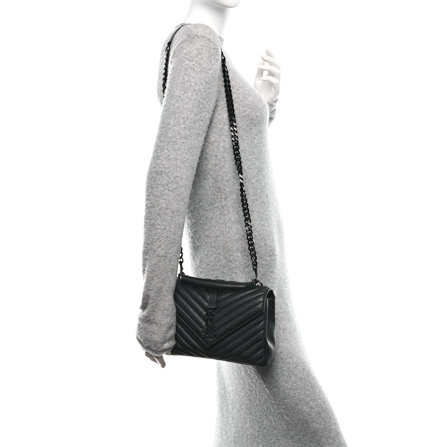 Saint Laurent Sheepskin Matelasse Chevron Monogram Monochrome Medium College Bag Black 2 of 11