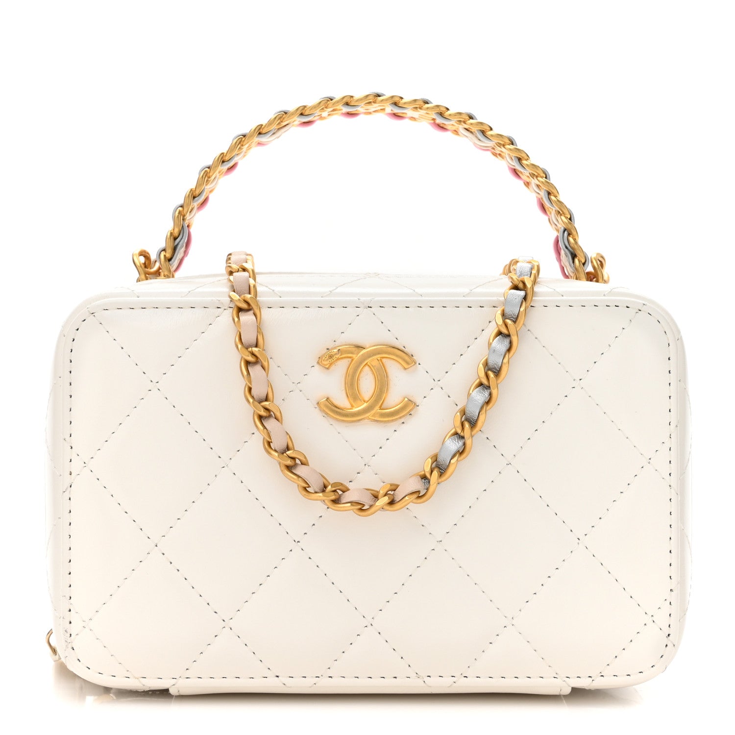Chanel Shiny Calfskin Quilted Small Top Handle Vanity Case With Chain White 1 of 12