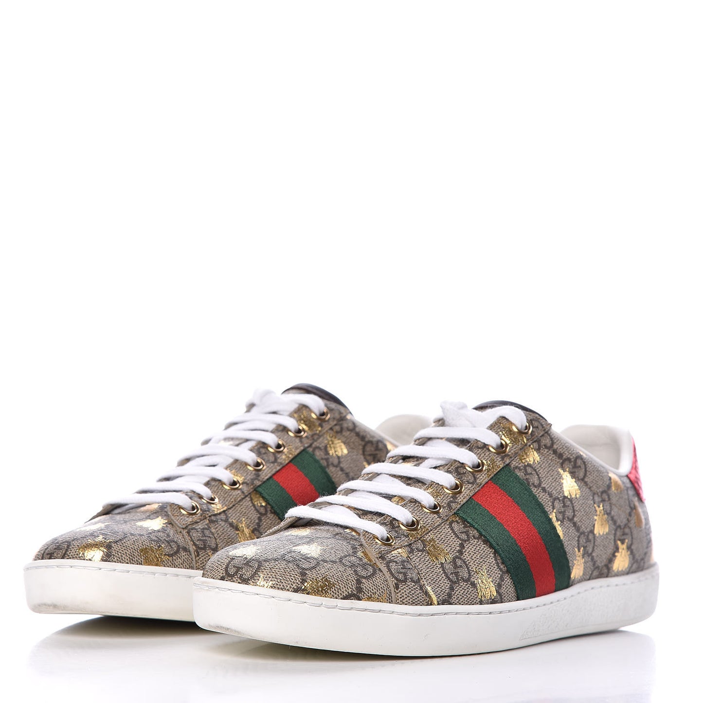GG Supreme Monogram Bees Ayers Web Womens Ace Sneakers 38 Beige Oro Green Red
