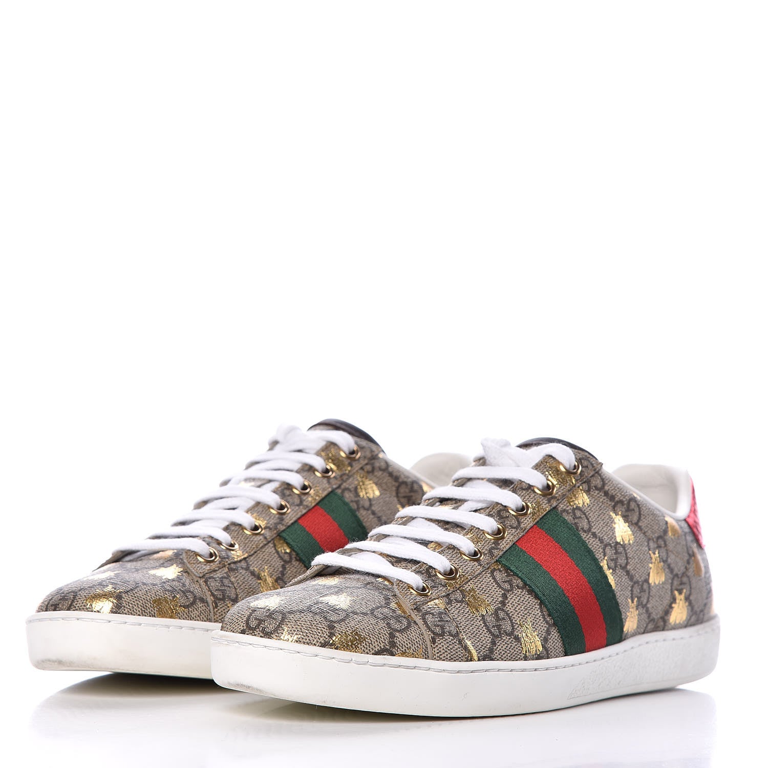 Gucci GG Supreme Monogram Bees Ayers Web Womens Ace Sneakers 38 Beige Oro Green Red 2 of 13