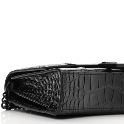 Balenciaga Shiny Calfskin Monochrome Crocodile Embossed Small Hourglass Evening Chain Bag Black 7 of 8