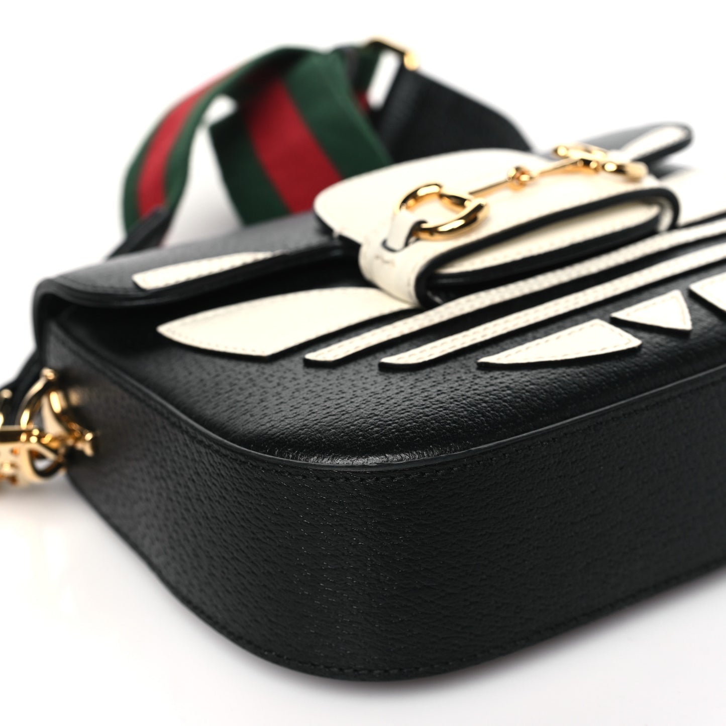 X ADIDAS Textured Dollar Calfskin Web Trefoil Mini Horsebit 1955 Shoulder Bag Black Off White