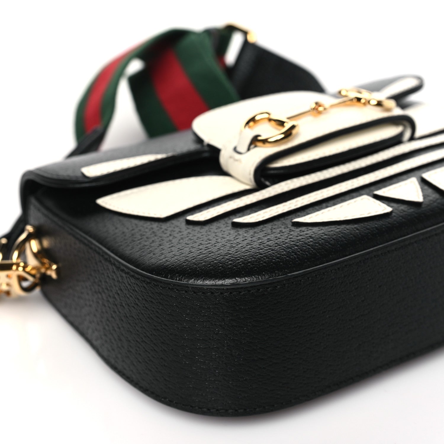 Gucci X ADIDAS Textured Dollar Calfskin Web Trefoil Mini Horsebit 1955 Shoulder Bag Black Off White 9 of 10