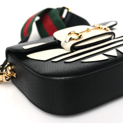 Gucci X ADIDAS Textured Dollar Calfskin Web Trefoil Mini Horsebit 1955 Shoulder Bag Black Off White 9 of 10
