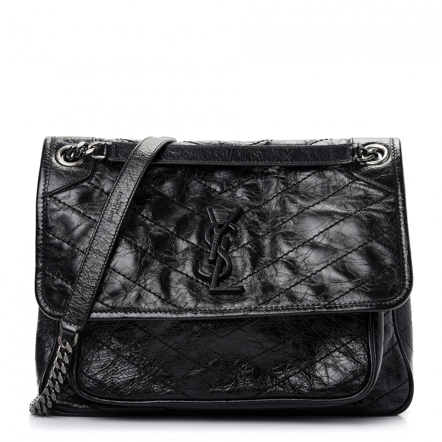 Crinkled Calfskin Matelasse Monogram Medium Niki Chain Satchel Black