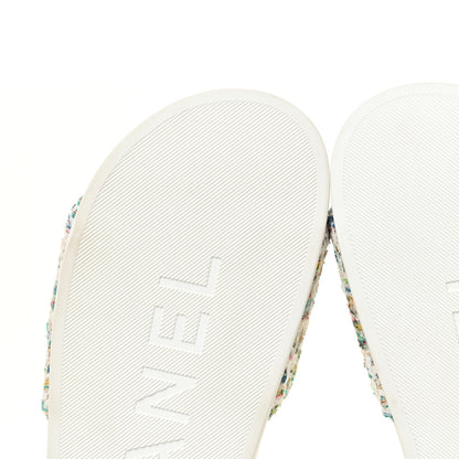 Chanel Tweed Grosgrain Camellia CC Flat Mules 41 Ecru Green Ivory 8 of 13