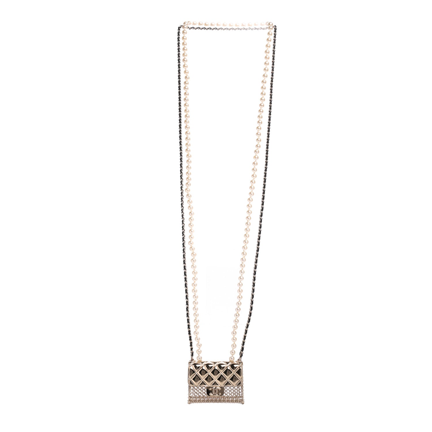 Chanel Metal Lambskin Pearl Chain Flap Bag Long Necklace Gold Black Pearly White 3 of 5
