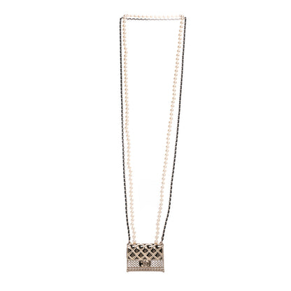 Chanel Metal Lambskin Pearl Chain Flap Bag Long Necklace Gold Black Pearly White 3 of 5