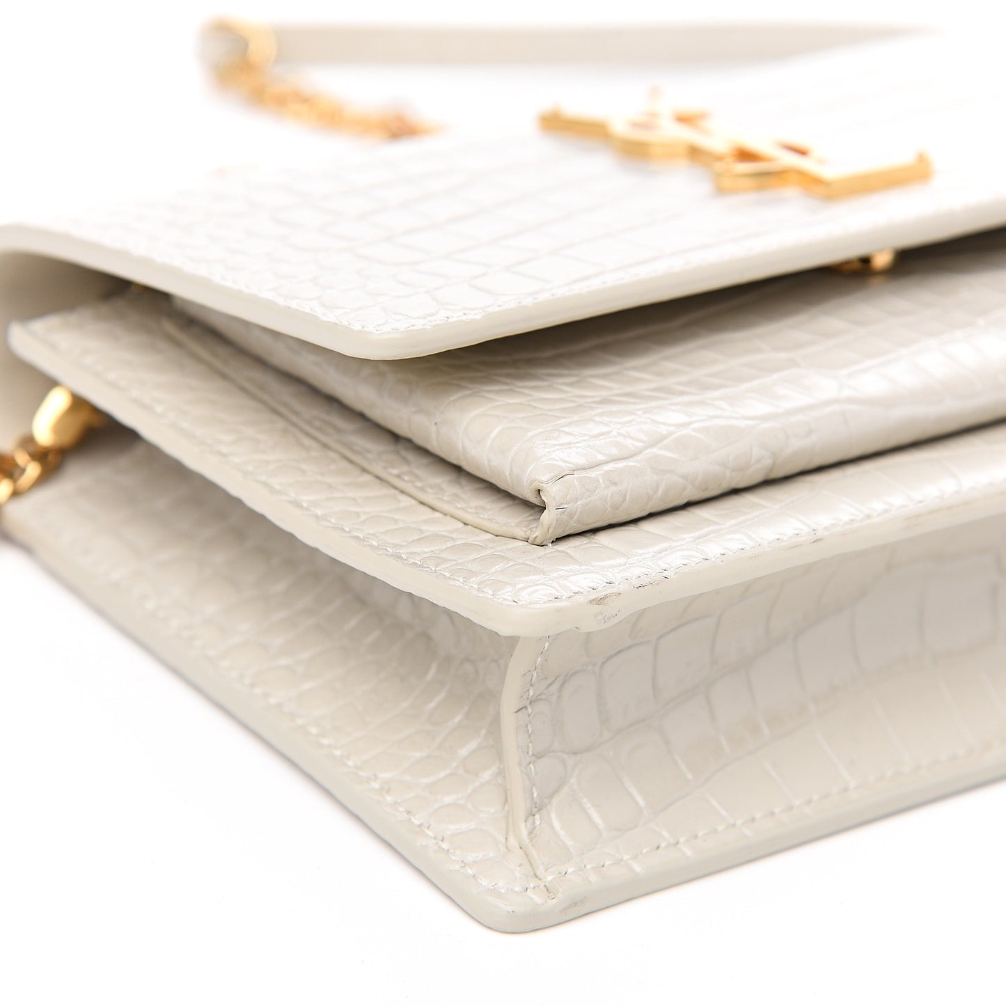 Calfskin Crocodile Embossed Monogram Sunset Chain Wallet Blanc Vintage