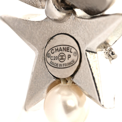 Chanel Strass Crystal Pearl CC Star Camellia Drop Earrings Silver 5 of 6