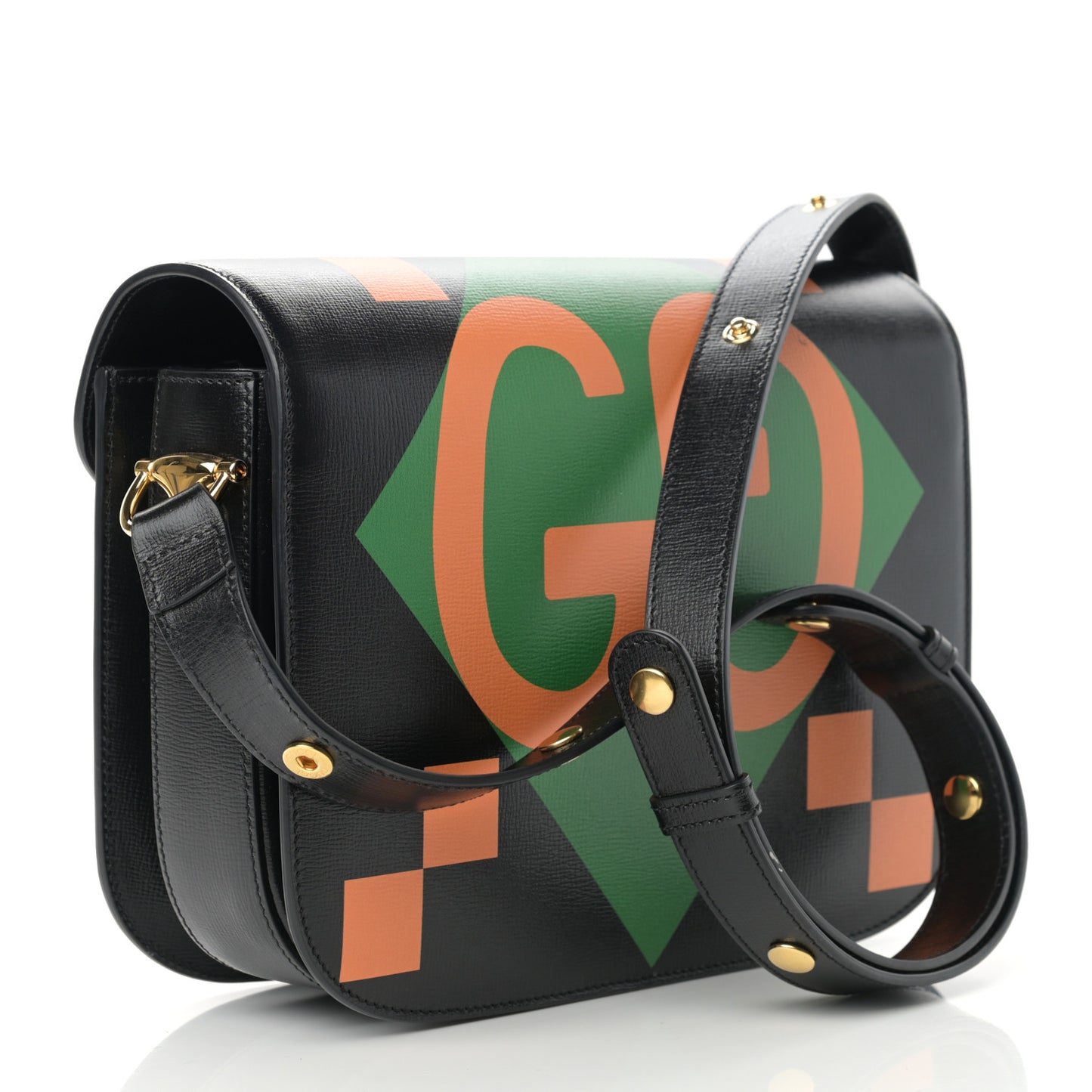 Textured Calfskin Geometric Print Horsebit 1955 Shoulder Bag Black Multicolor
