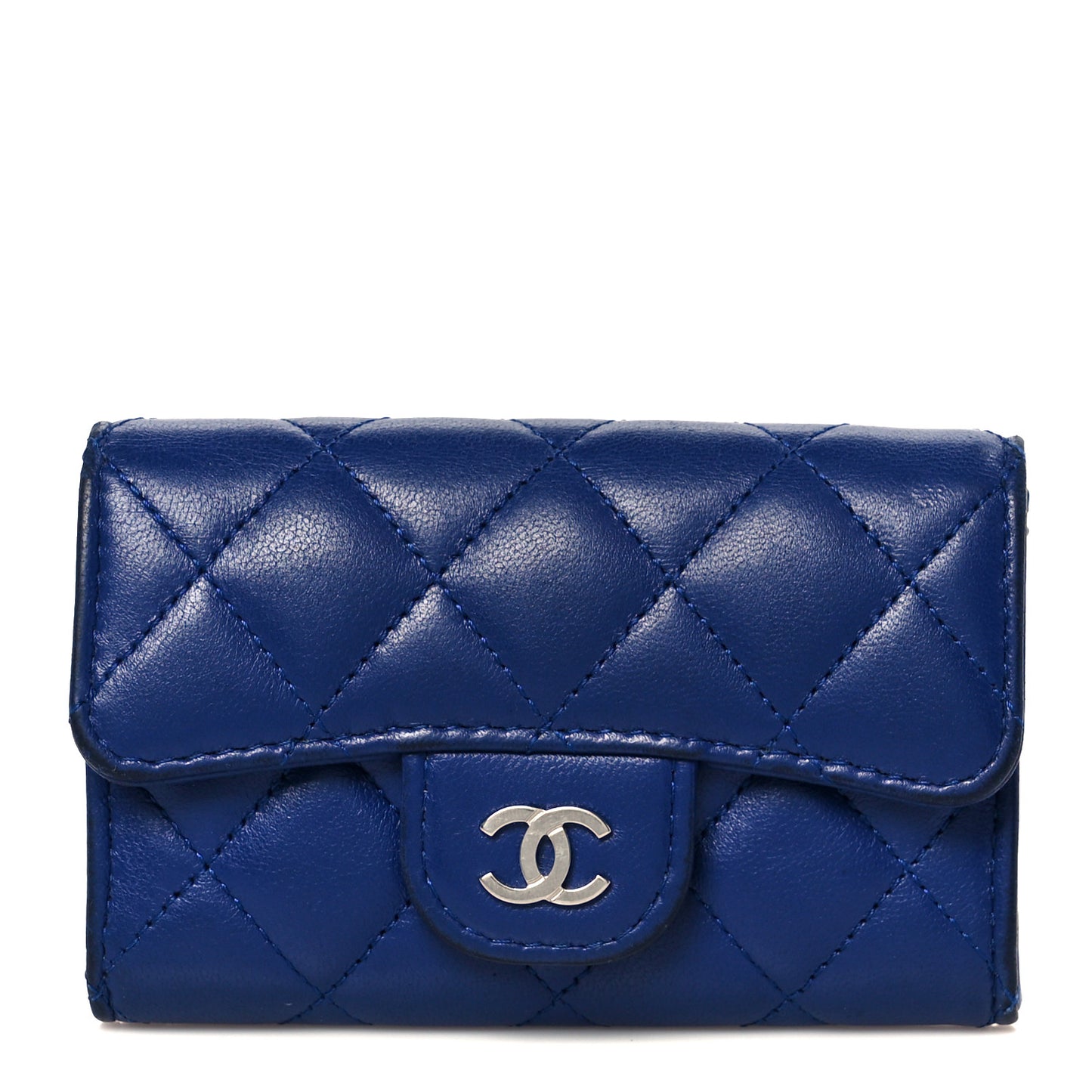 Lambskin Quilted Flap Card Holder Wallet Blue