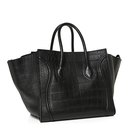 Celine Calfskin Crocodile Embossed Medium Phantom Luggage Black 3 of 10