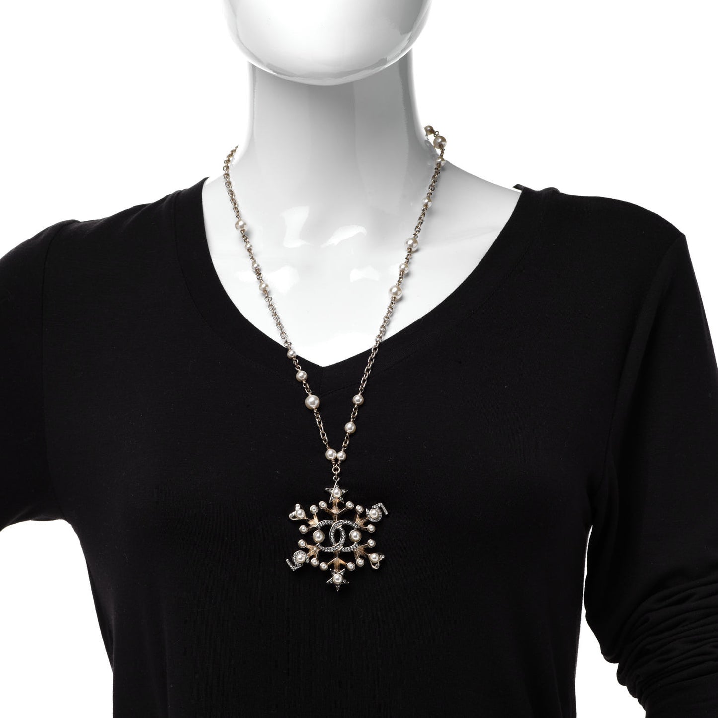 Crystal Pearl Hearts CC Pendant Necklace Gold