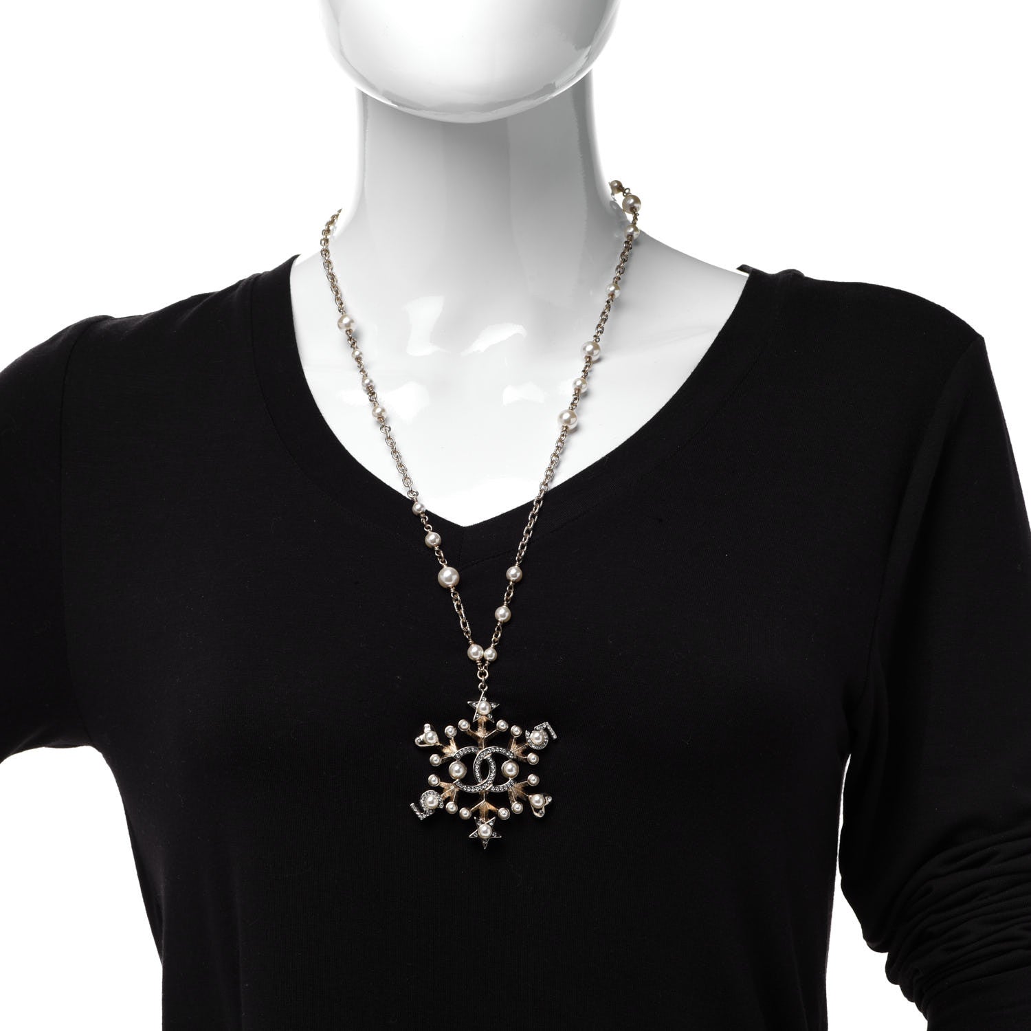 Chanel Crystal Pearl Hearts CC Pendant Necklace Gold 2 of 6