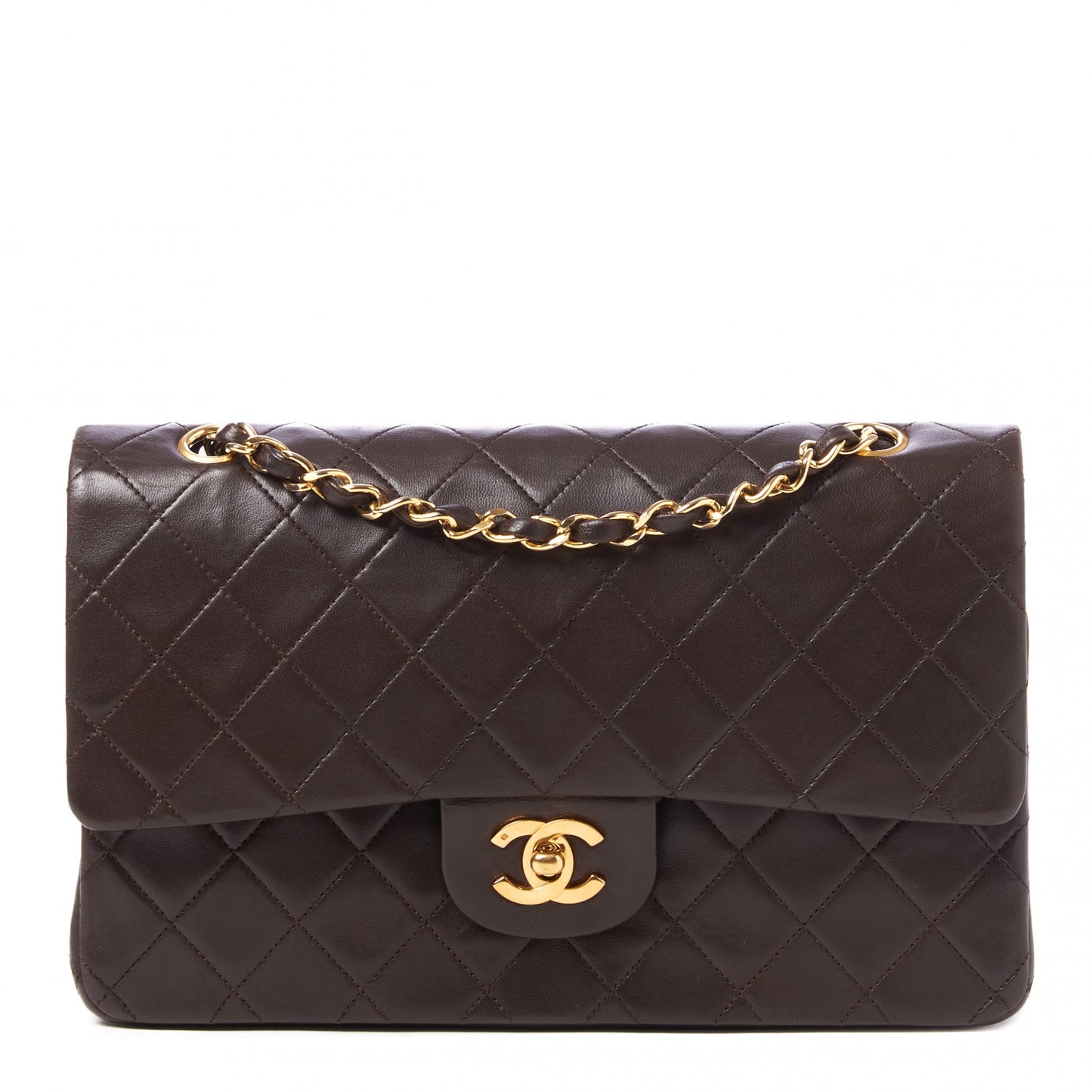 Lambskin Quilted Medium Double Flap Dark Brown