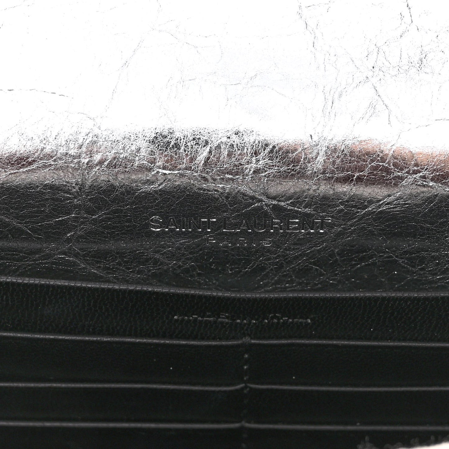 Metallic Crackled Calfskin Kate Monogram Tassel Chain Wallet Argento