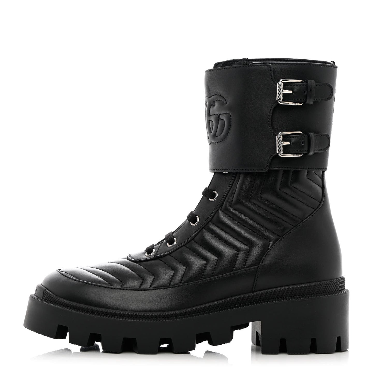 Nappa Frances GG Matelasse Platform Combat Boots 38.5 Black