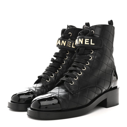 Chanel Lambskin Patent Calfskin Quilted Logo Lace Up Combat Boots 37 Black 4 of 11