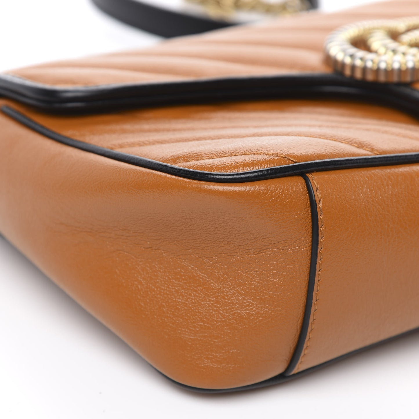 Vintage Effect Calfskin Matelasse Diagonal Small Torchon GG Marmont Shoulder Bag Cognac Black