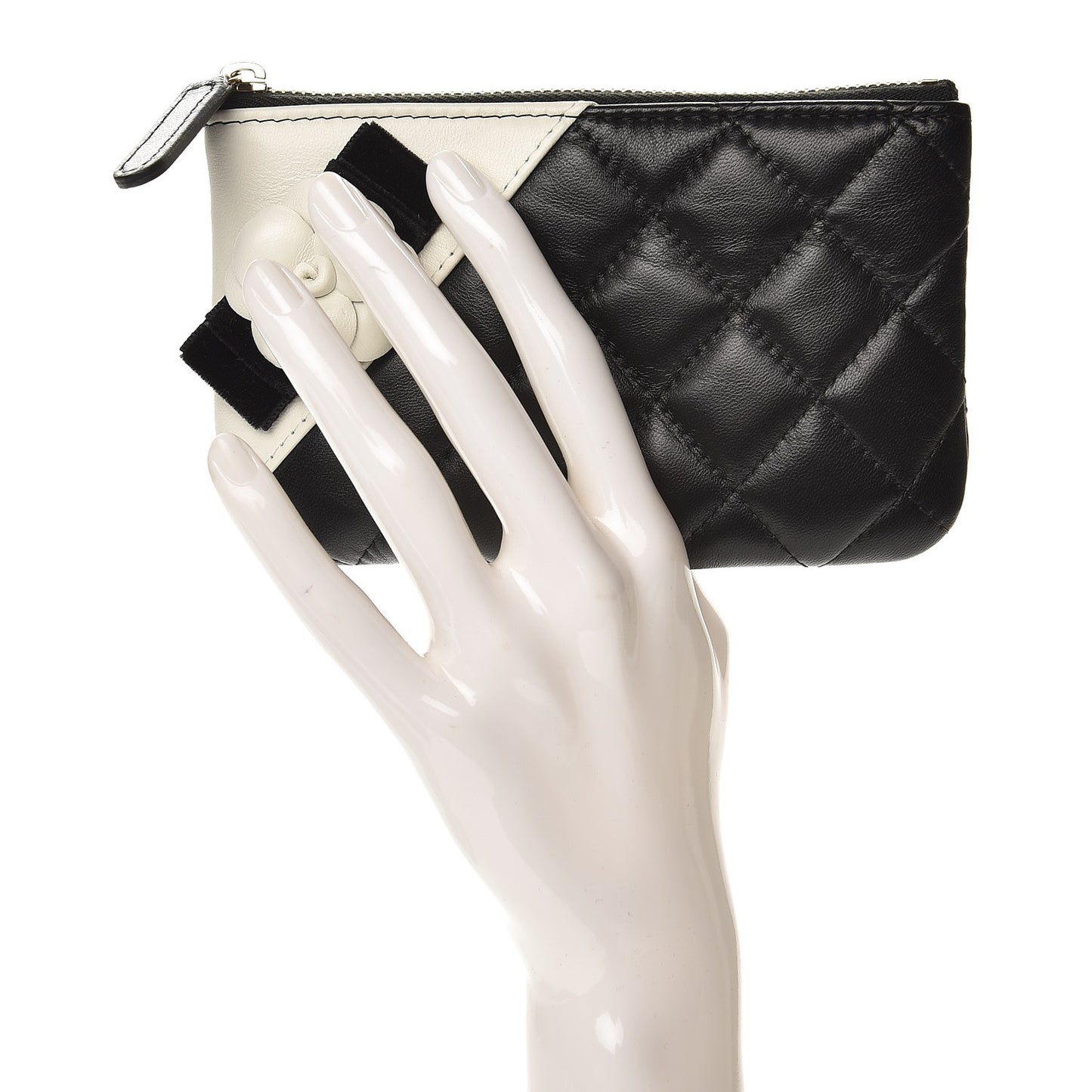 Lambskin Quilted Small Camellia Cosmetic Pouch Black White