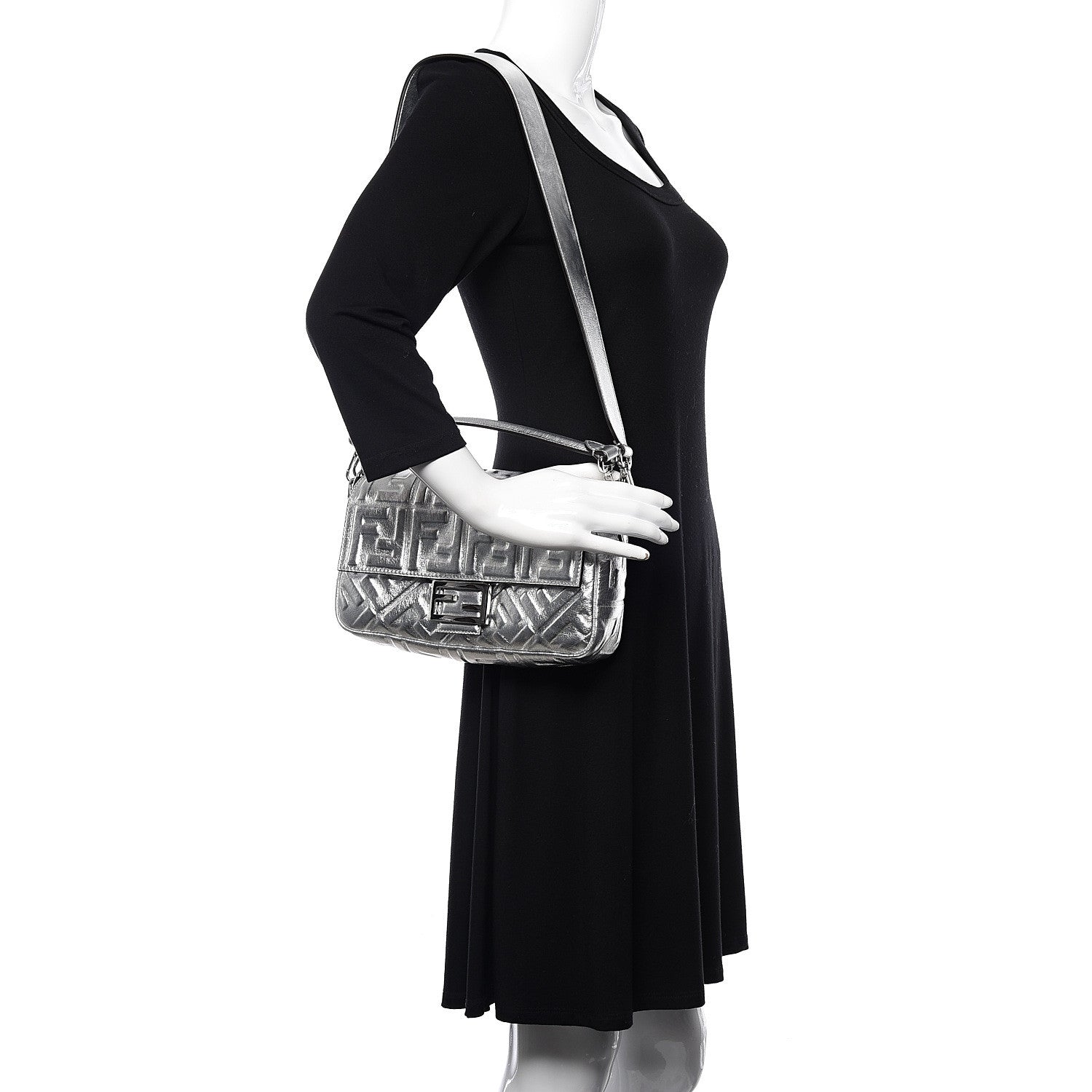 Fendi Vitello Catalan Mirror FF 1974 Embossed Baguette Argento 2 of 11